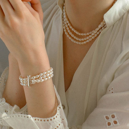 Triple Layer Freshwater Pearl Necklace and Bracelet Set - House Of Pearls